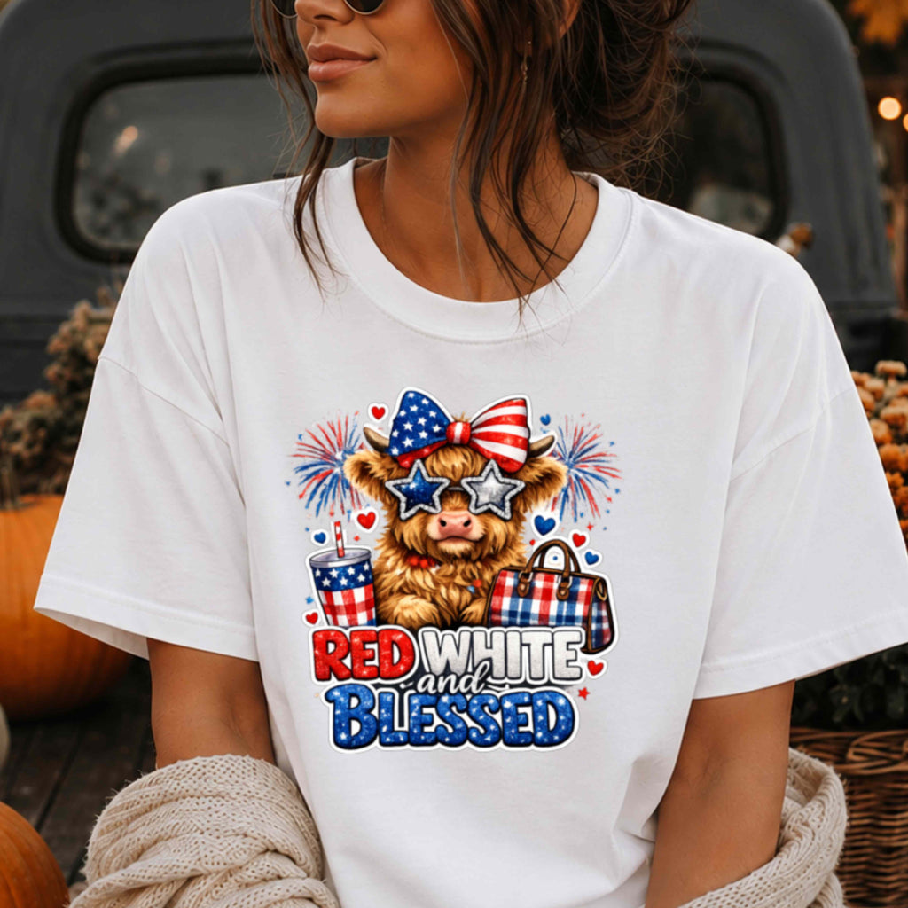 Red, White & Blessed Labor Day Highland Cow Graphic T-Shirt