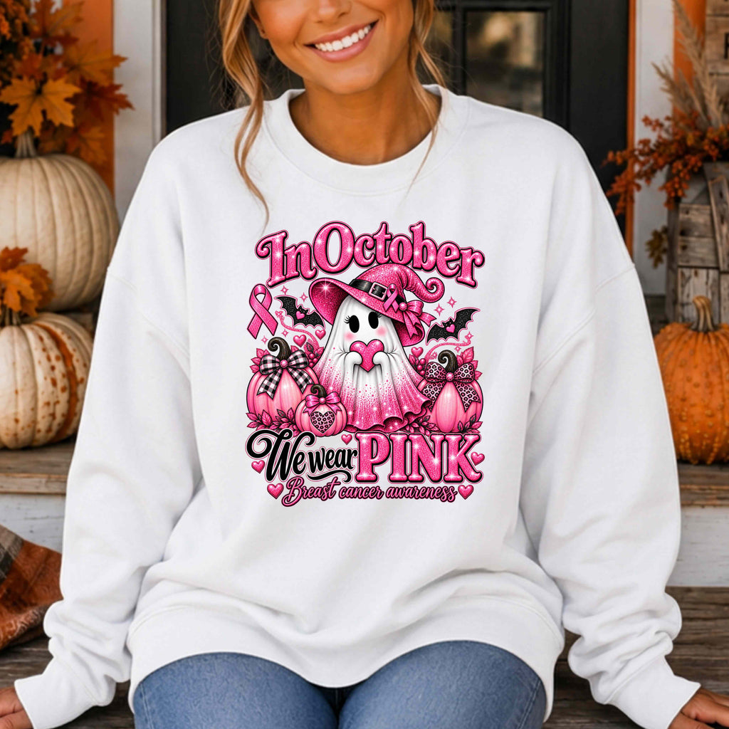 In October We Wear Pink Ghost Sweatshirt | Breast Cancer Awareness Crewneck