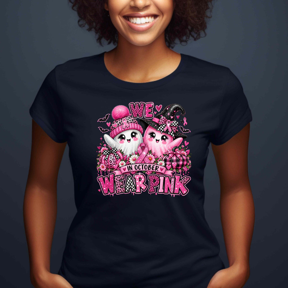 In October We Wear Pink Ghost T-Shirt | Unisex Halloween Tee