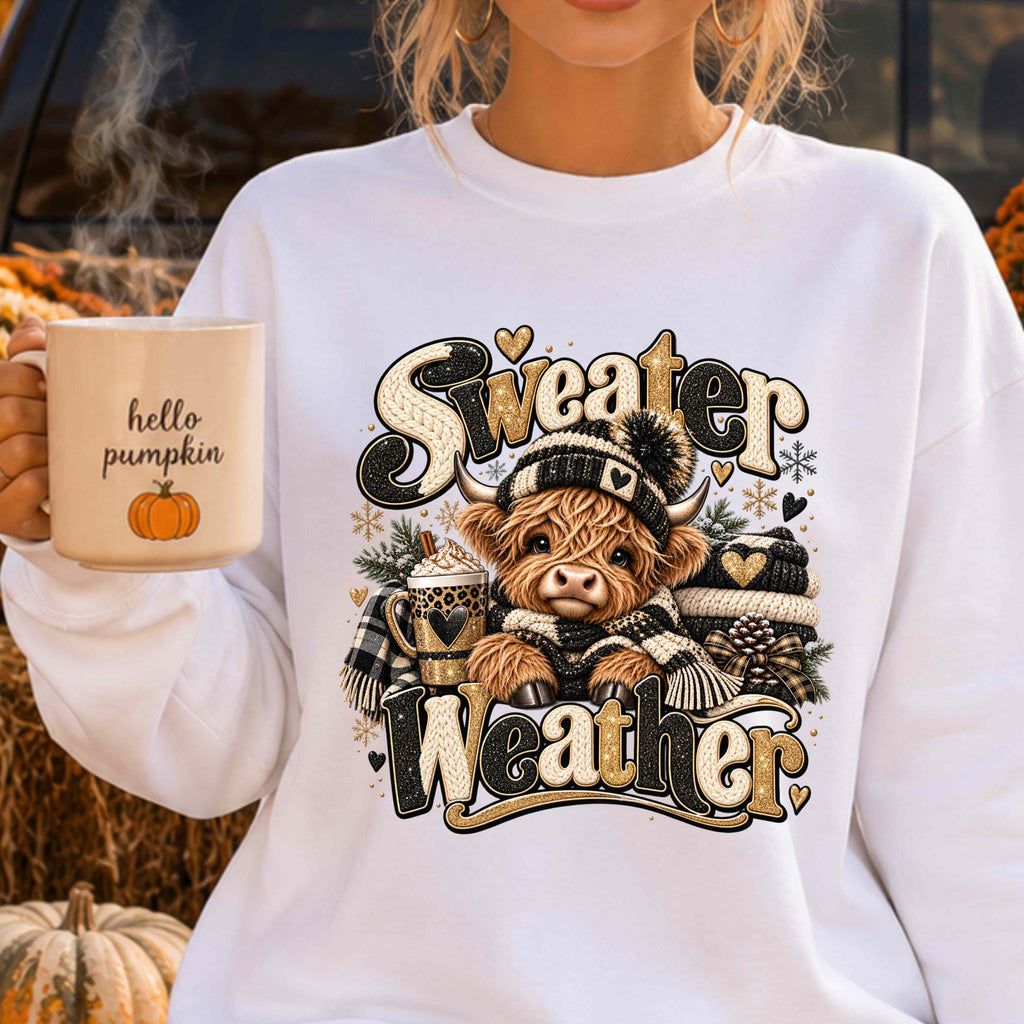 Sweater Weather Highland Cow Crewneck Pullover Sweatshirt