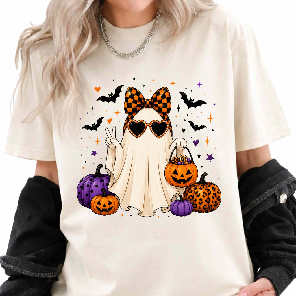 Cute Halloween Ghost with Pumpkins and Bats T-Shirt