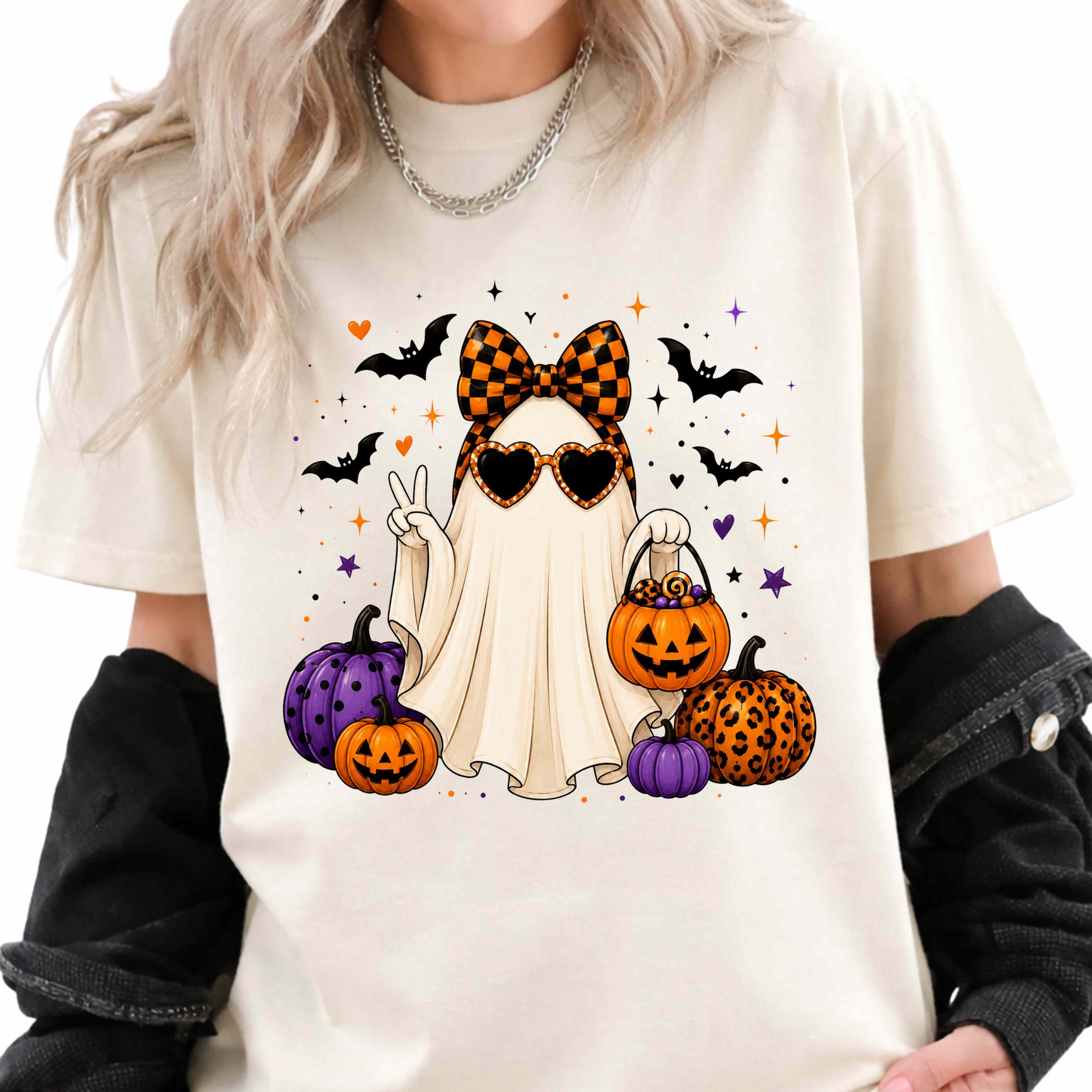 Cute Halloween Ghost with Pumpkins and Bats T-Shirt